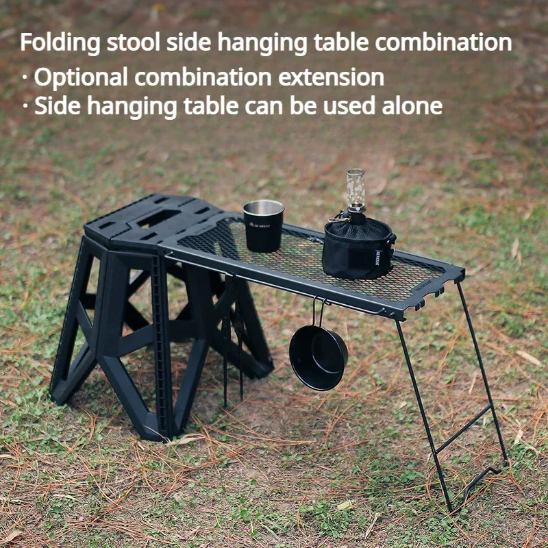 

Outdoor Folding Table & Chairs Set with Grid BBQ Table, Portable Iron Storage Rack for Camping, Picnics & Backyard Parties