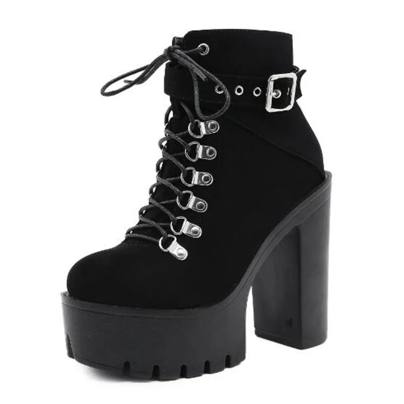 Mode Wildleder High Heels Punk Goth Stiefeletten Frauen für Herbst Frühling Mode Karree Ferse Zipper Frau Schwarz Botas Mujer