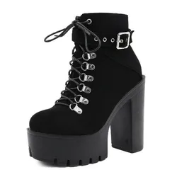 Fashion Suede High Heels Punk Goth Ankle Boots Women for Autumn Spring Fashion Square Toe Heel Zipper Woman Black Botas Mujer