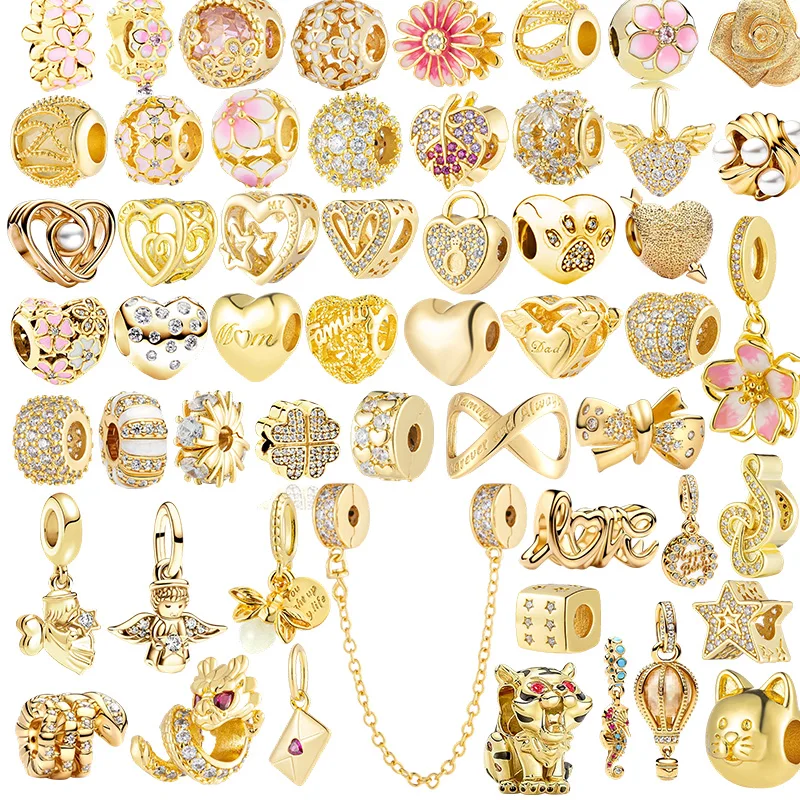 

Искрящие позолоченные бусины в форме сердца, подвеска, подходит для оригинального серебряного браслета в виде змеи, ожерелье, бусины для ювелирных изделий своими руками, женский подарок