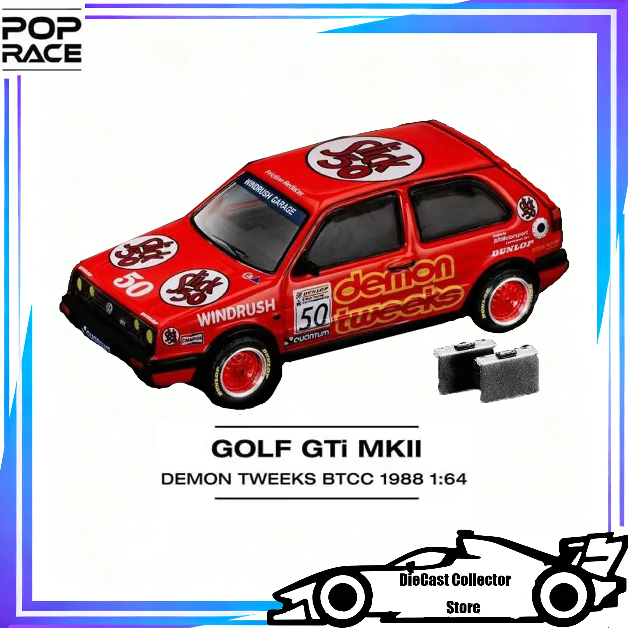 

POP RACE 1/64 GOLF GTi MKI DEMON TWEEKS BTCC 1988 Trunk Can Be Opened With Two Suitcases As Accessories Alloy Car Model Gift