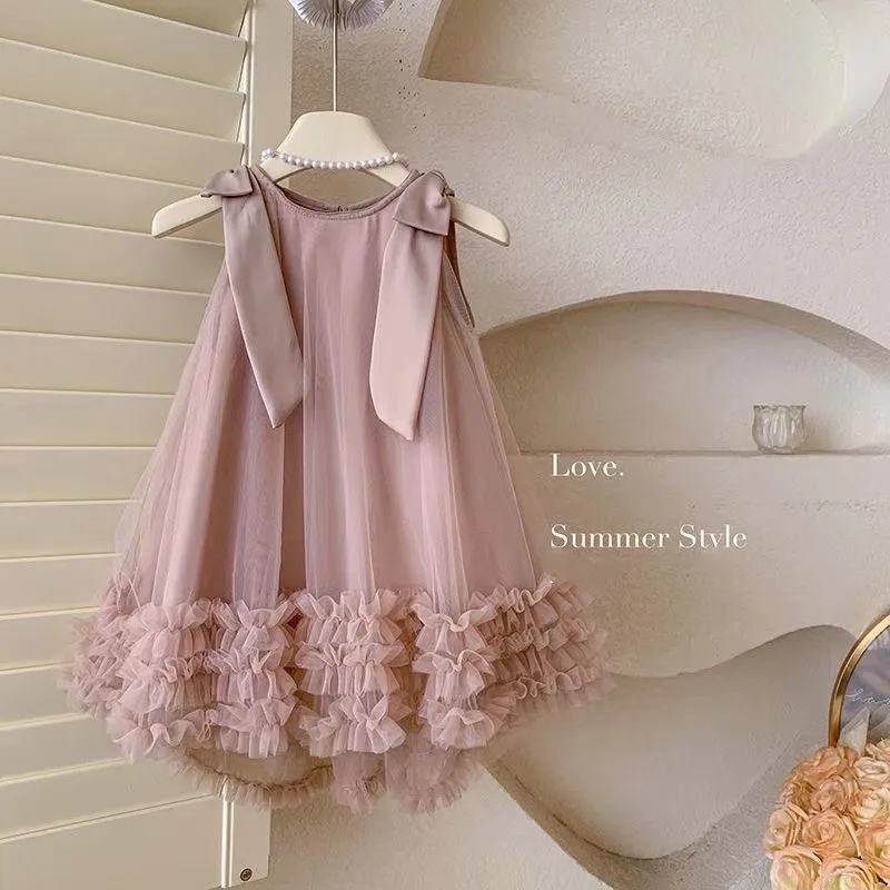 

2025 Summer Korean Edition Girls New Sleeveless Bow Solid Color Sweet and Gentle Princess Dress Childrens Trend