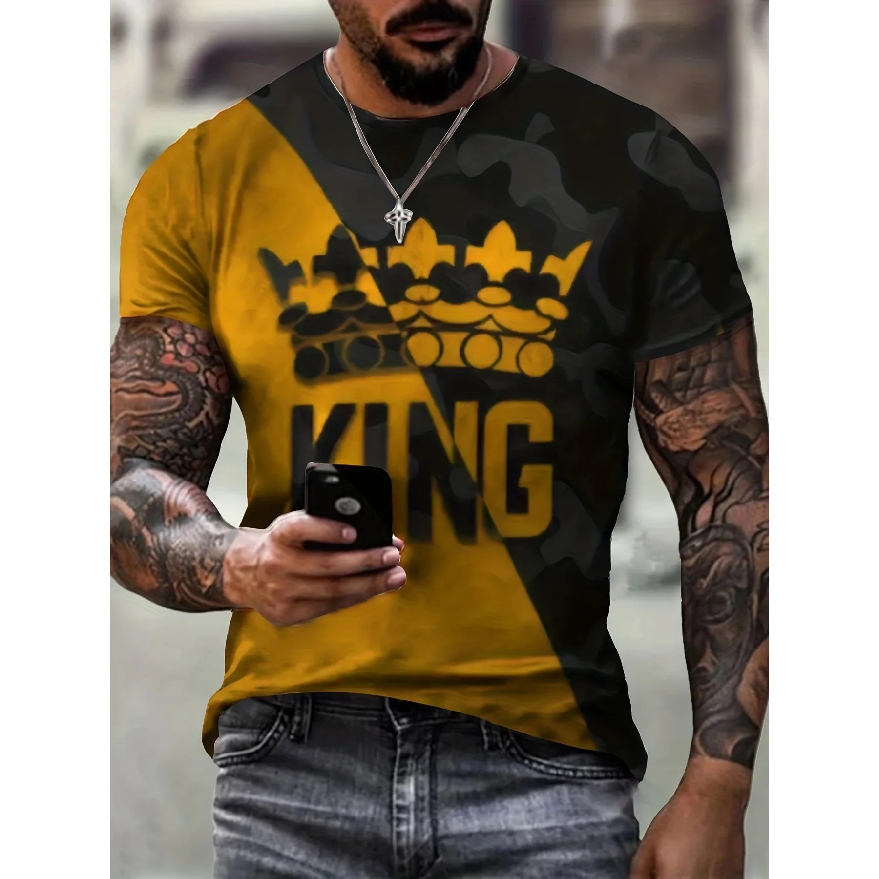 Crown Letter KING 3D Digital Pattern Print T shirt Graphic Tshirts Causal Tees Short Sleeves Pullover Tops Men's Summer Clothing