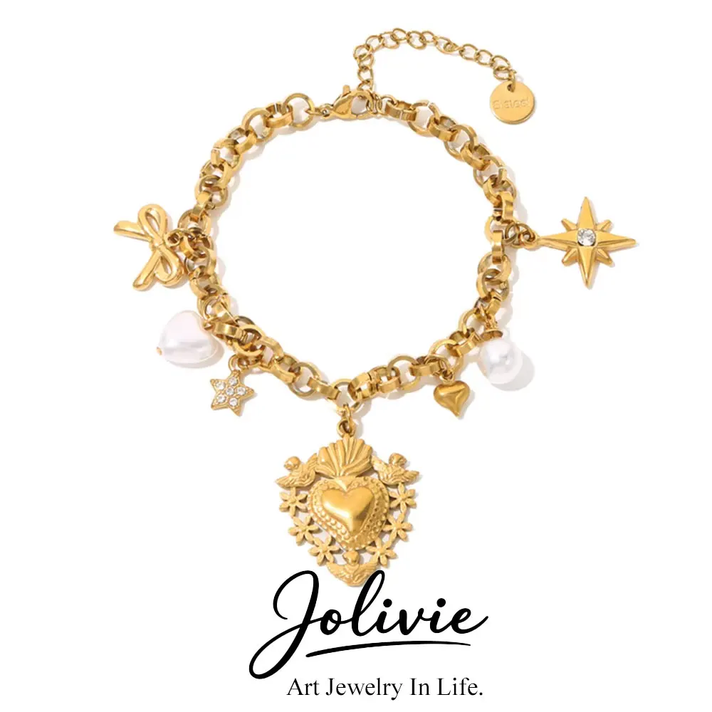 

Jolivie Stainless Steel Vintage Heart Charm Bracelet For Women Hand Bracelet French Imitation Pearl Bracelets Jewelry Waterproof
