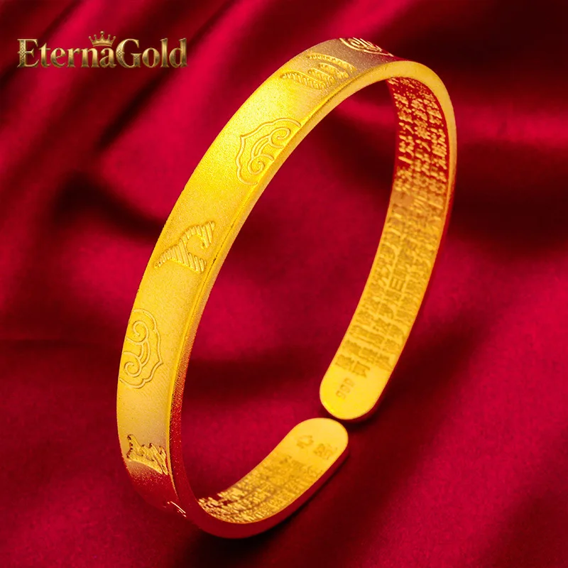 

EternaGold 24K Gold Six-Syllable Mantra Open Bangle AU999 Pure Gold, embossed mantra script, adjustable opening, auspicious fo