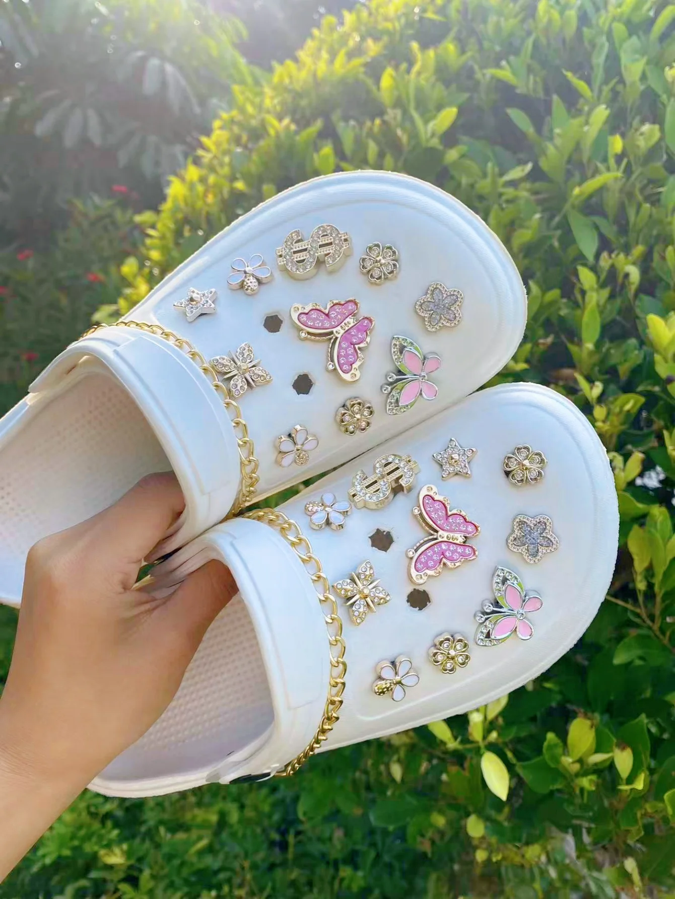 22 pink butterfly US dollar small white flower five-pointed star chain ABS resin shoe clasps, DIY decoration, suitable for women