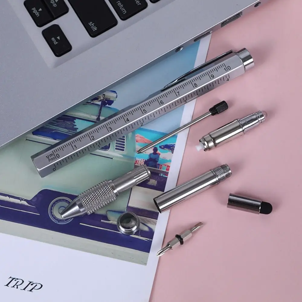 Metal Multi Tool Pen 9-in-1 With LED Light Spirit Level Screwdriver Ruler Ballpoint Pen Woodworking Pen Writing Supplies