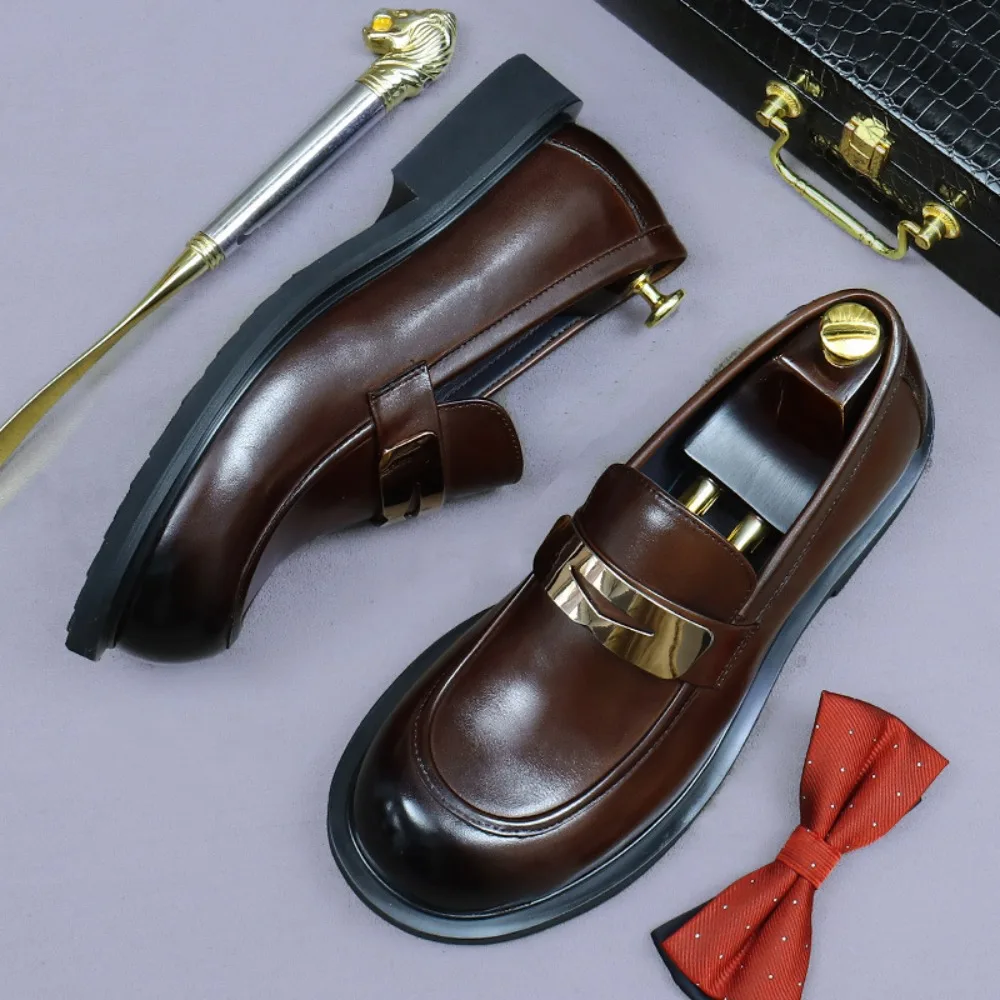 

Men's Black Loafers | Big Round Toe, Metal Accent, Genuine Cowhide, Slip-On Wedding Groom Shoes for Business & Casual