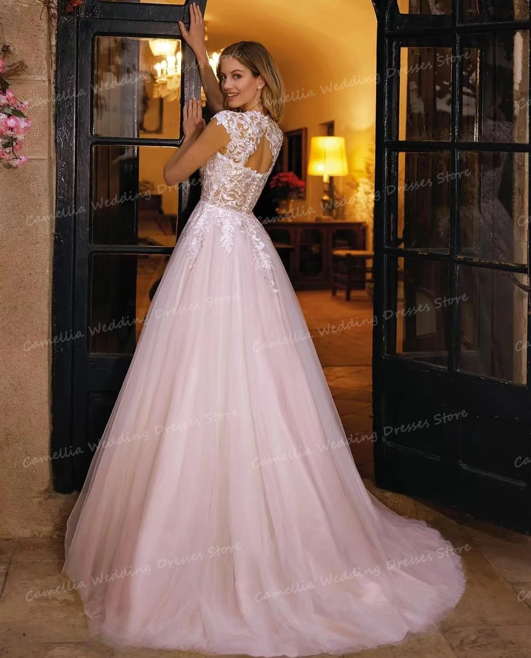 Vestidos de novia elegantes de lujo para mujer, Vestidos de novia con apliques de línea A, escote profundo, sin mangas, tul de princesa, Sexy