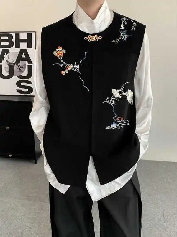 

Новая мужская китайская куртка в стиле дзен с вышивкой, на пуговицах, осенне-весенняя, в стиле кантонской верхней одежды, приталенная, из смесового полиэстера