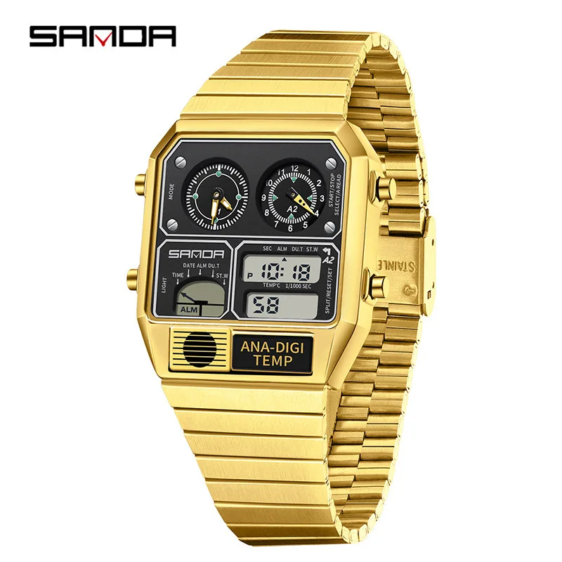 SANDA 3192 Quadratische elektronische Uhr für junge Männer, lässige multifunktionale Armbanduhr mit Thermometer, Stoppuhr, Chronograph