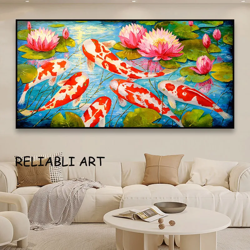 Red Lotus Koi Fish Animal Poster and Print Abstract Oil Painting Printed on Canvas Wall Art For Living Room Home Decor No Frame