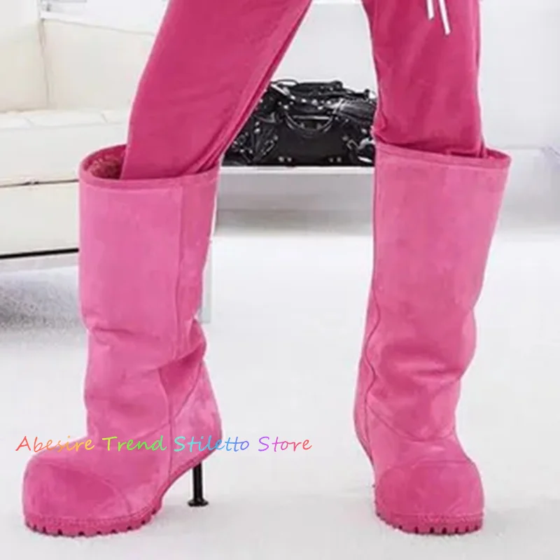 Round Toe Casual Style High Heel Knee High Boot Women Winter New Rose Couple's Snow Shoes Men Slip On Plush Long Booties