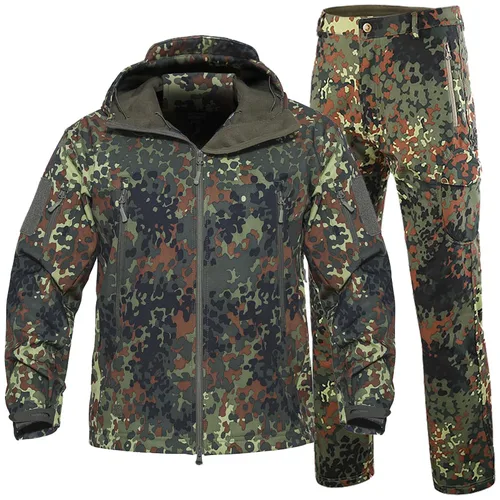Imagen 2 del producto Conjuntos de carga de lana de camuflaje para hombre, a prueba de viento, impermeable, piel de tiburón, Concha suave, chaqueta táctica para exteriores, pantalones multibolsillo, conjunto de 2 piezas