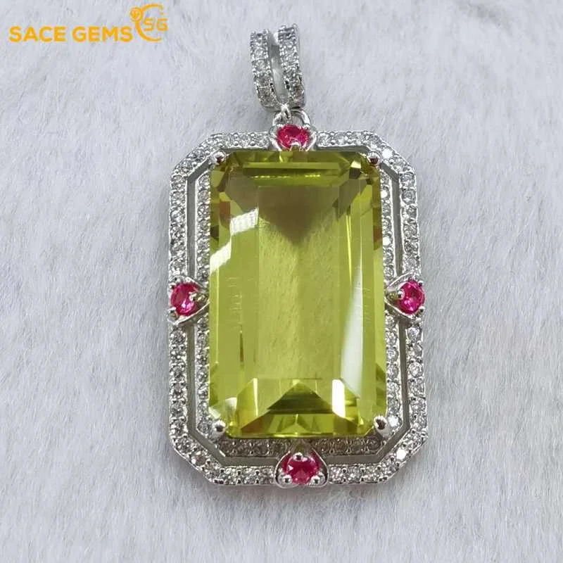 SACE GEMS Luxury Necklace Pendant for Women 925 Sterling Silver 12*20mm Lemon Quartz Pendant Wedding Party Fine Jewelry Gifts