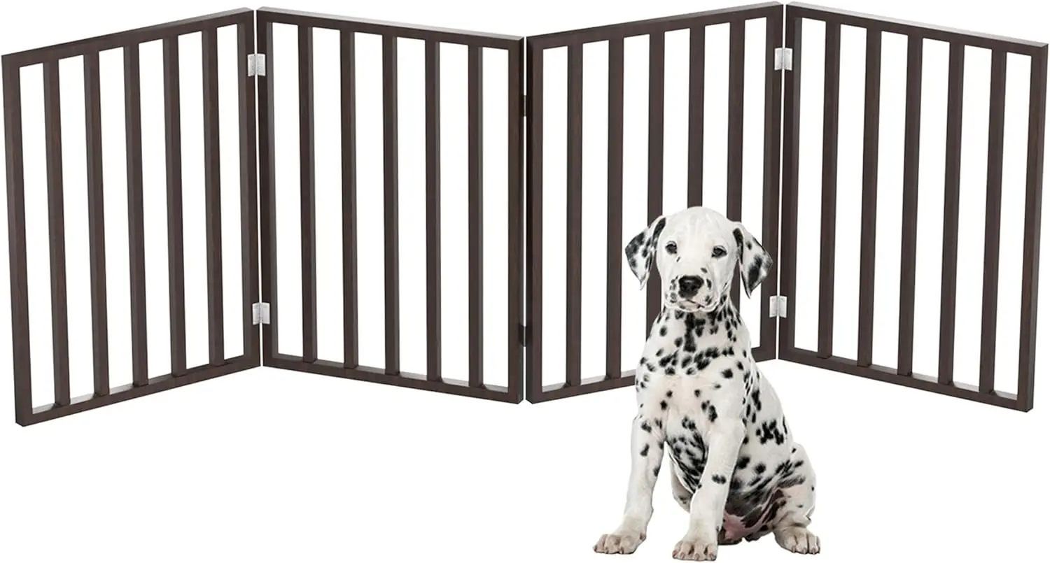 

Pet Gate - 4-Panel Indoor Foldable Dog Fence for Stairs, Hallways or Doorways - 72x24-Inch Retractable Wood Freestanding Dog