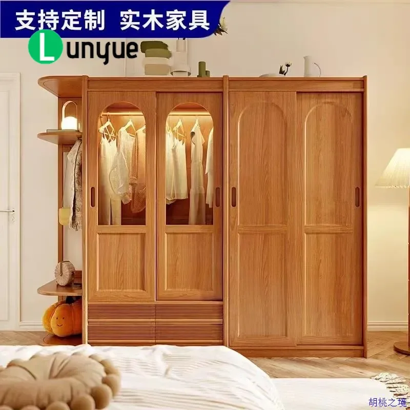 Modern Simple Solid Wood Wardrobe Cherry Black Walnut Sliding Glass Door Large Corner Cloakroom Storage Furniture for Bedroom