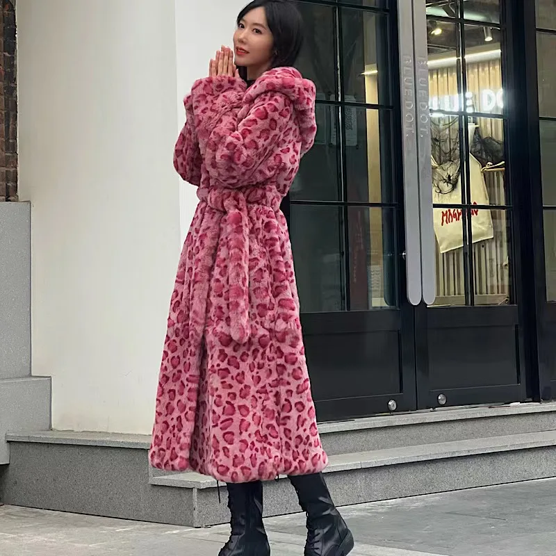 2022New Winter Women Real Hooded Rabbit Fur Coats   Fashion Long Pink Leopard Simple Warm Ladies Outerwear Luxurious Street