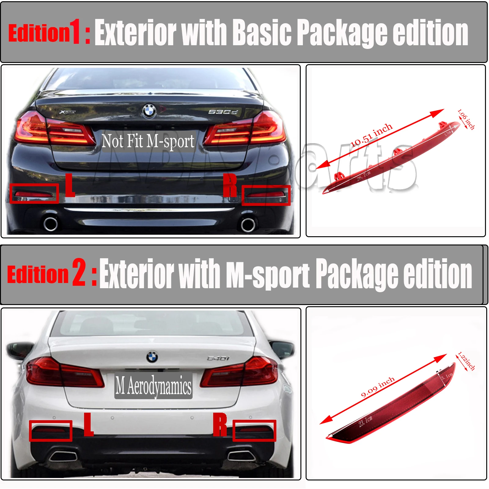 Fit 17-22 BMW 5 M-SPORT G30 Sedan G31 Wagon 520d 520dX 525d 530d 530dX 530e 530iX 540dX 540iX M550dX REAR Reflector