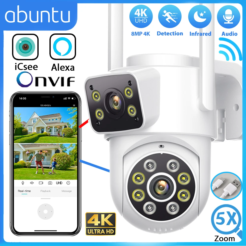 ABUNTU 8MP 4K Outdoor Wifi Camera ICsee APP Dual Lens Dual Screens Surveillance Camera 4MP HD Night Vision Home Security Camera