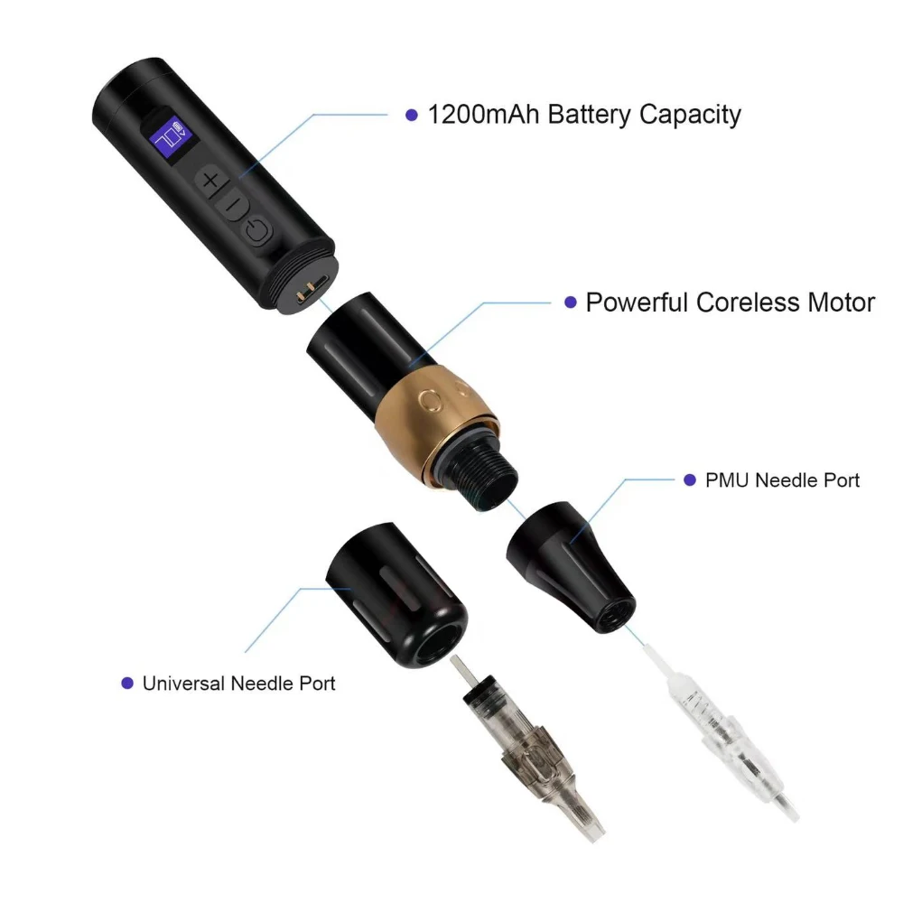 Dual Use Tattoo Machine Permanent Makeup Pen Wireless Rotary Tattoo Pen with 2 Head Dual Type Needles Interface Motor Chargeable