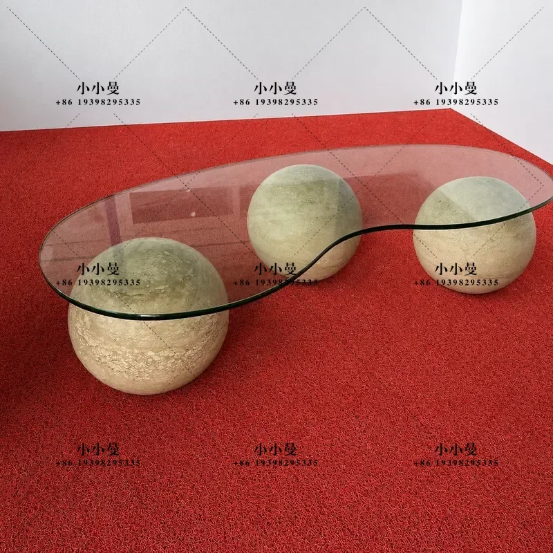 Natural Travertine Ball Base Glass Top Coffee Table Modern Stone Dining Table Decorative Bar Countertop for Living Room Home