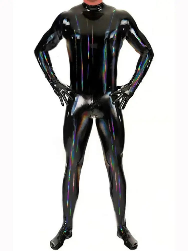 M-4XL Mens Laser Colorful Wet Look Catsuit Shiny PU Leather Bodysuit Tights Cosplay Leotard Conjoined Unitard Jumpsuit Shapers