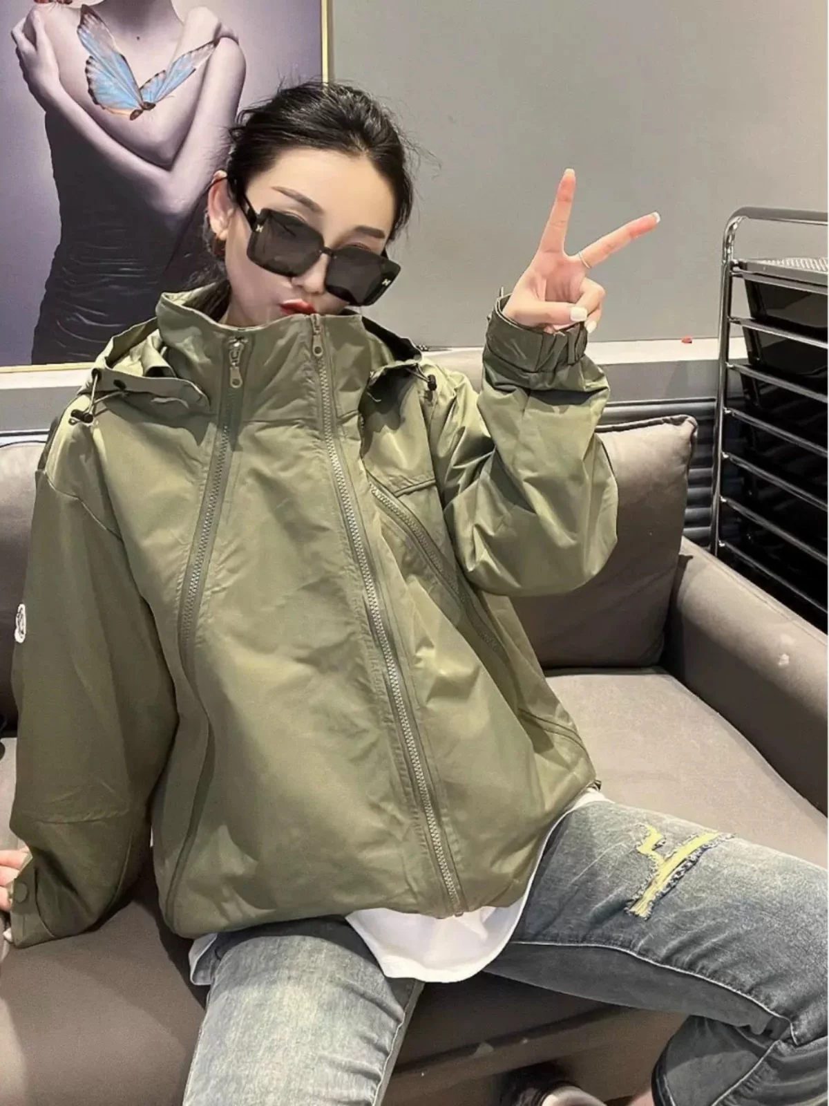 

Women's ort Thin Zipper Jaet Spring Autumn Casual Loose Hooded Coat European Sle Faionable Commute Straight Tube pe