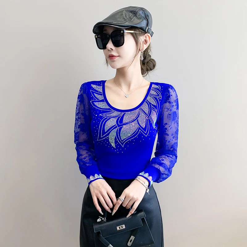 2025 Fall Slim Fit Mesh Tops for Women Crystal Embellished T-Shirt Slimming Lace Long Sleeve Base Layer Tee