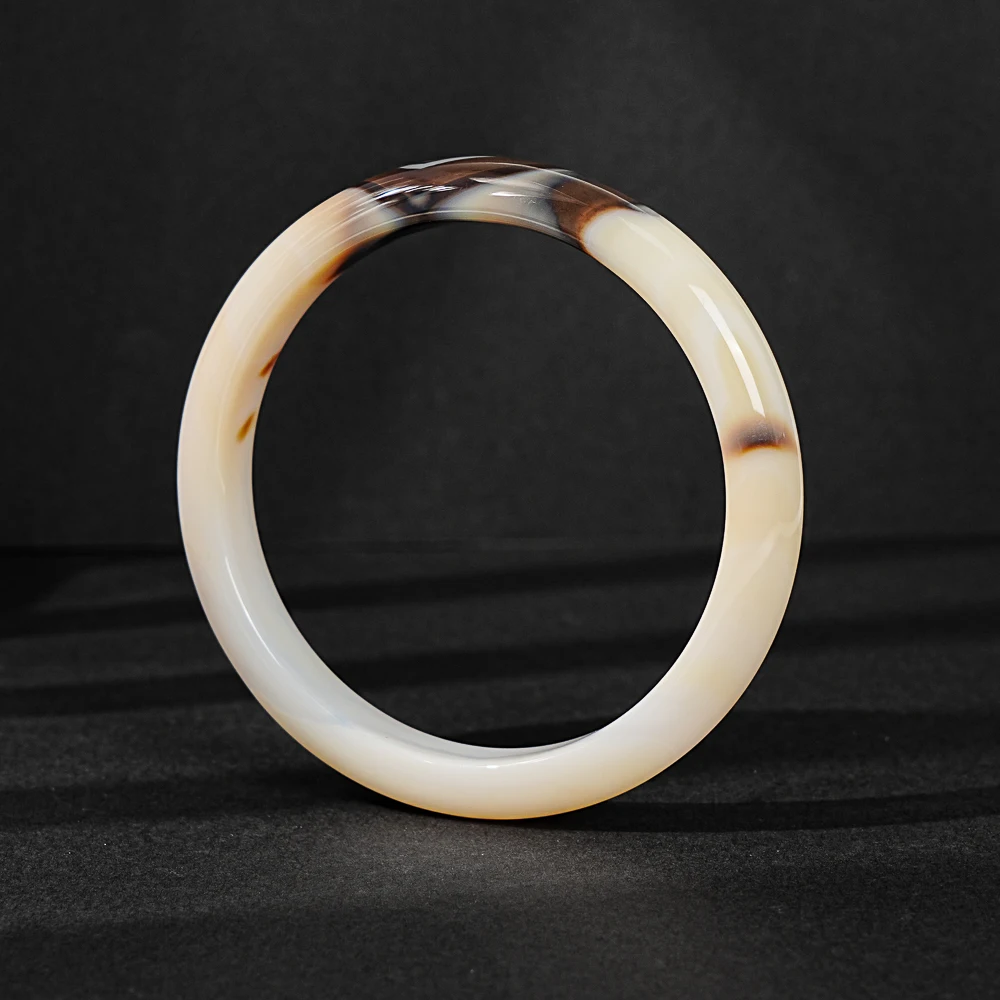 NATURAL WHITE AGATE BANGLE 60MM AAA GRADE BROWN PATTERN POLISHED ROUND RING THIN GEMSTONE JEWELRY FOR CHINESE STYLE LOOKS GIFT