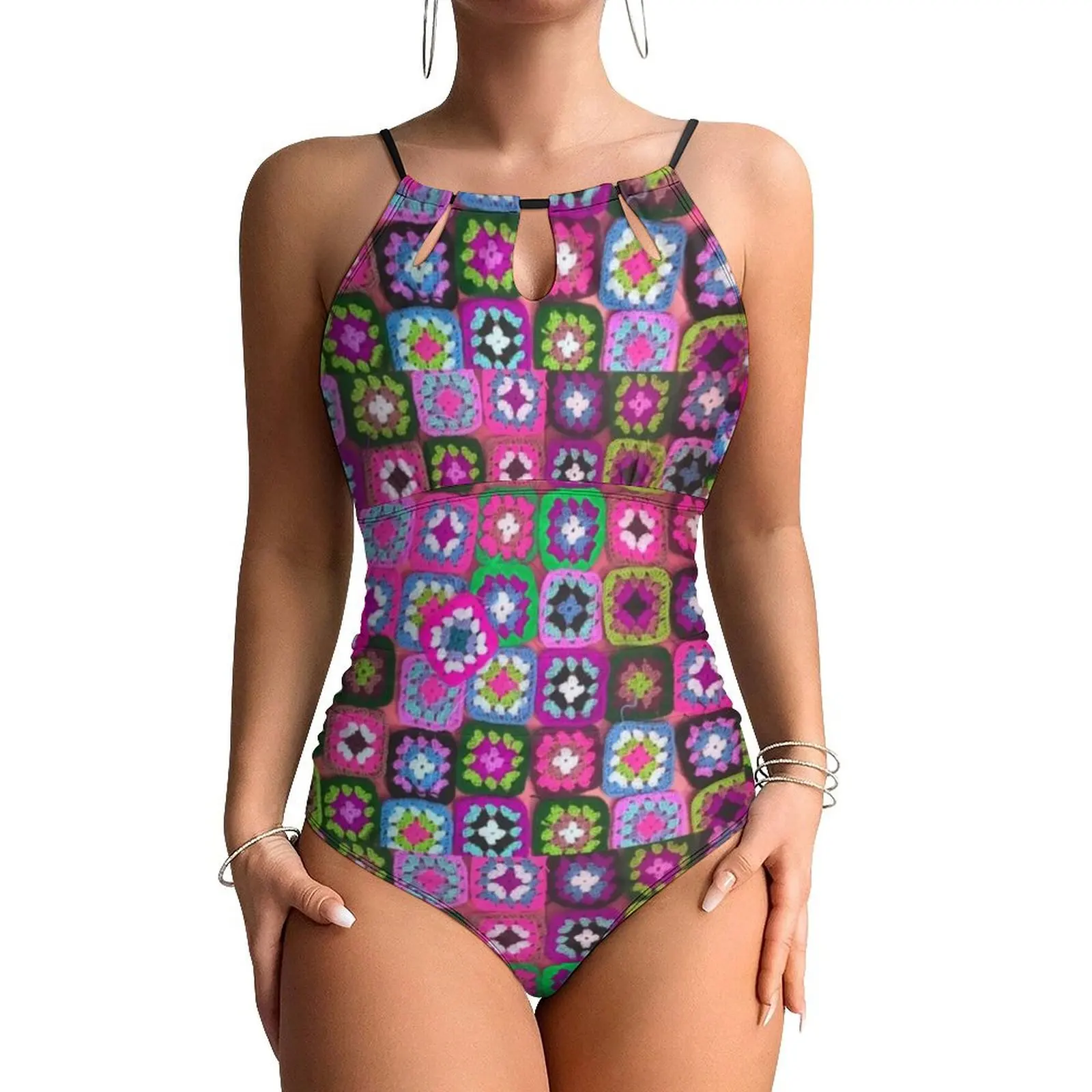 Hippy Peace Swimsuit Sexy Square Vintage Print One Piece Swimwear Push Up Bodysuit Trend Holiday Rave Monokini