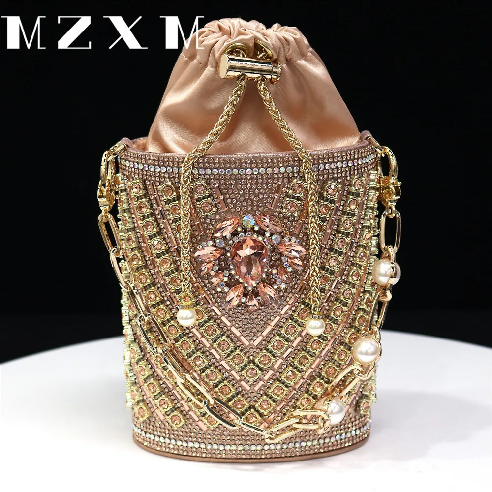 

Bucket Shaped Women Evening Bags Diamonds Soft Silver Chain Shoulder Clutch Rhinestones Party Wedding Handbags