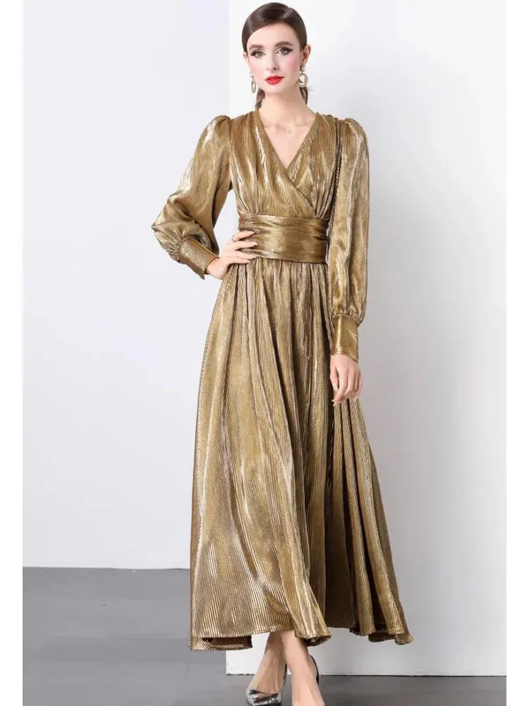 Formal Occasions Sexy V Neck Lantern Sleeve High Split Elegant Maxi Dresses Luxury Glossy Golden Pleated Evening Party Vestidos