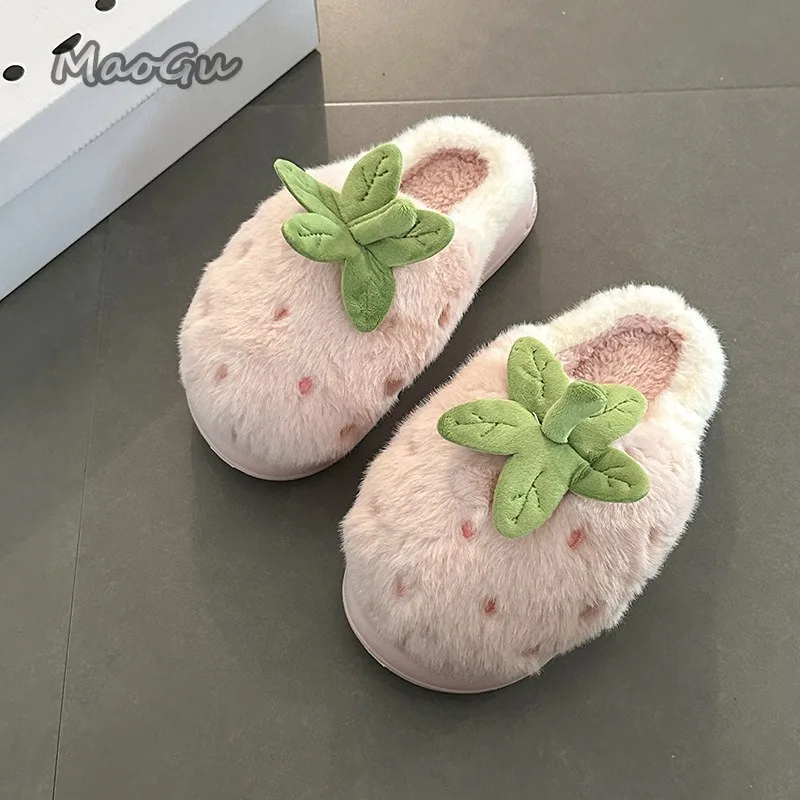 

Cartoon Strawberry Girls Winter Cotton Slippers 2025 Autumn New Home Cute Indoor Anti Slip Thick Bottom Fuzzy Slippers Pantuflas