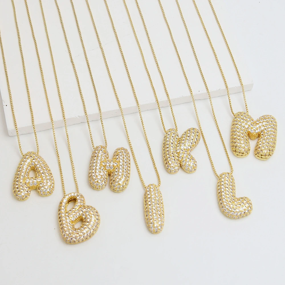 Golden Color Pave CZ Zircon Chunky Letter Necklace for Women Men Alphabet Bubble Initial Neckalces Dainty Jewelry Bijoux Gift