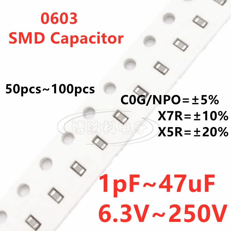 0603 Kondensator 1PF 2.2PF3.3PF4.7PF6.8PF10PF220PF330PF470PF680PF1NF22NF47NF10NF100NF0.1UF1UF2.2UF4.7UF10UF22UF47UF 102 103 104 6.3V 10V 16V 25V 35V 50V 63V 100V 250V