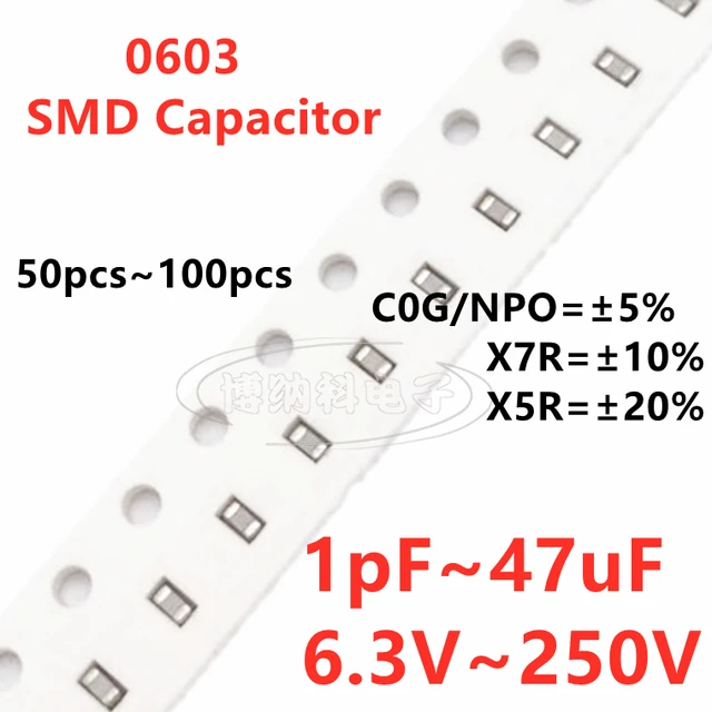 0603 Kondensator 1PF 2.2PF3.3PF4.7PF6.8PF10PF220PF330PF470PF680PF1NF22NF47NF10NF100NF0.1UF1UF2.2UF4.7UF10UF22UF47UF 102 103 104 6.3V 10V 16V 25V 35V 50V 63V 100V 250V