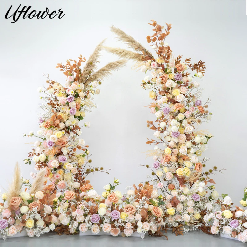 

Uflower White Champagne Floral Arrangement Wedding Arch Flowers Horn Shape Table Centerpieces Ball Artificial Flower Stand Decor