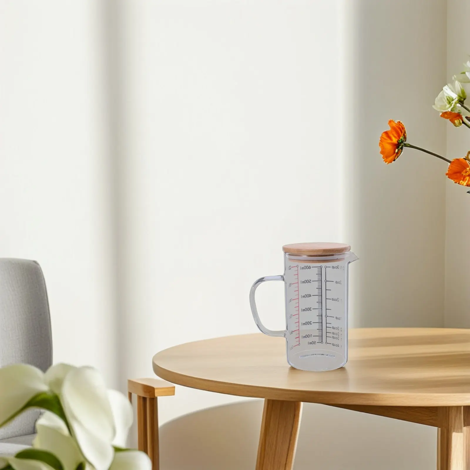 600Ml Transparent Heat Resistant Glass Measuring Cup with Lid and Handle Graduated Kitchen Measuring Jug for Coffee Milk Water