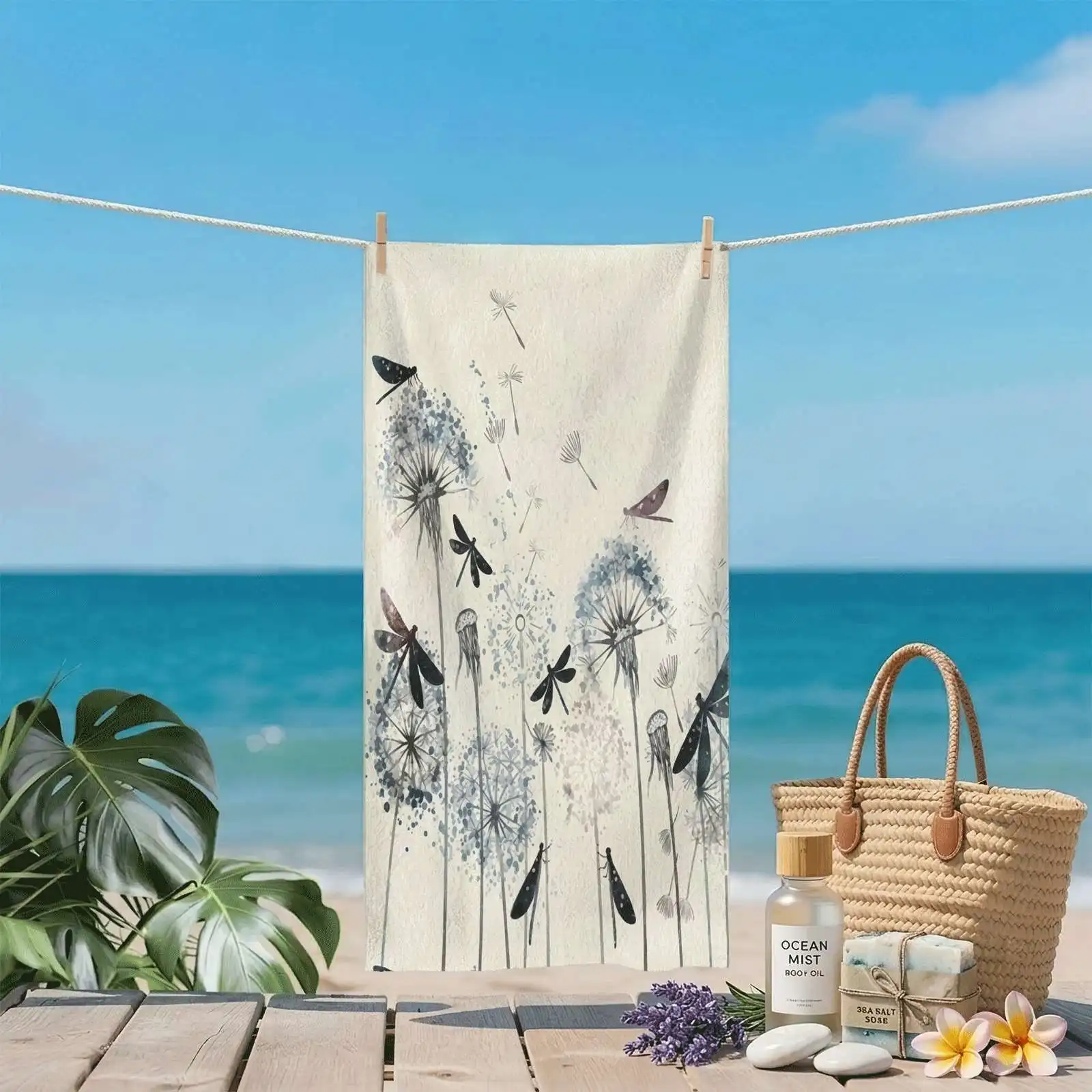 Dandelion Dragonflies Beach Towel Watercolor Botanical Neutral Serene Nature Seaside Lounge