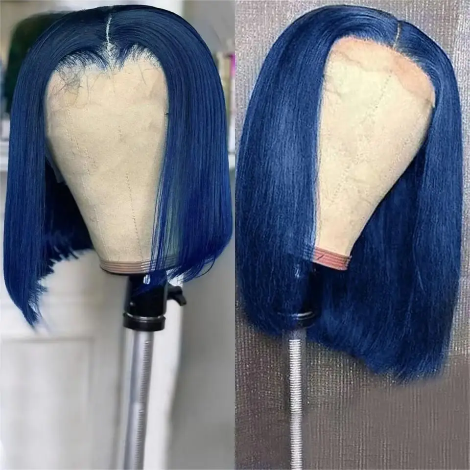 

Бразильский Цветной Парик Человеческих Волос Темно-Синий Прямой Короткий Боб 13x4 Прозрачный HD Парик Фронта Шнурка Для Женщин Предварительно Сорванные