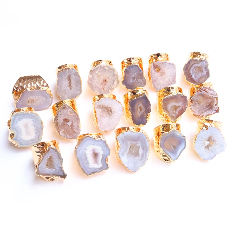 Irregular Natural Geode Stone Rings Agate Slices Wide Open Ring for Women Men Boho Resizable Finger Jewelry