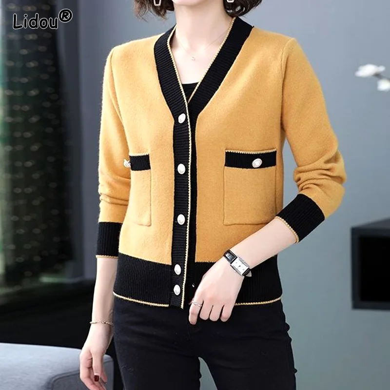 Office Lady Patchwork Single Breasted V-Neck Cardigan Metal Pearl Buttons Women's Clothing Pockets Decoration Knitting Sweaters