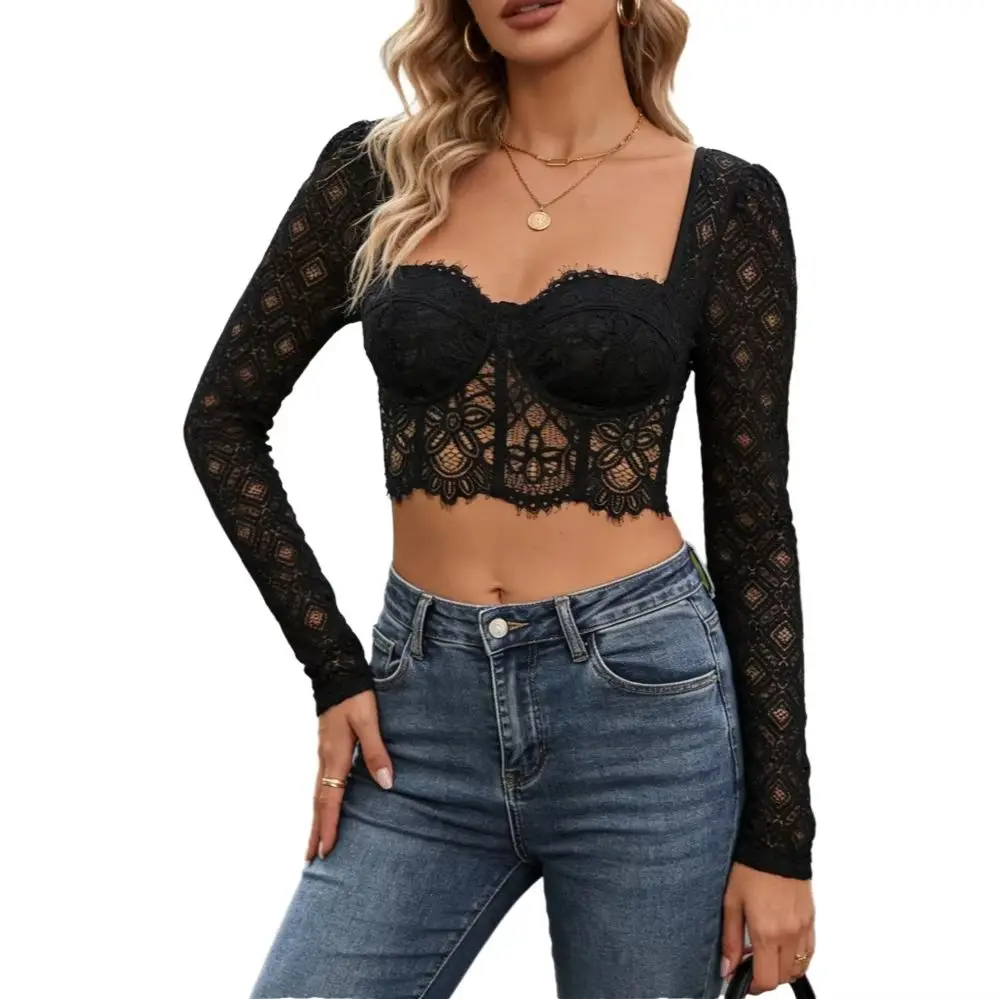 Sexy Short Lace Mesh Long Sleeve Top Hollow out See-through Slim Fit Cross-Border European And American Style Hot Girl Top