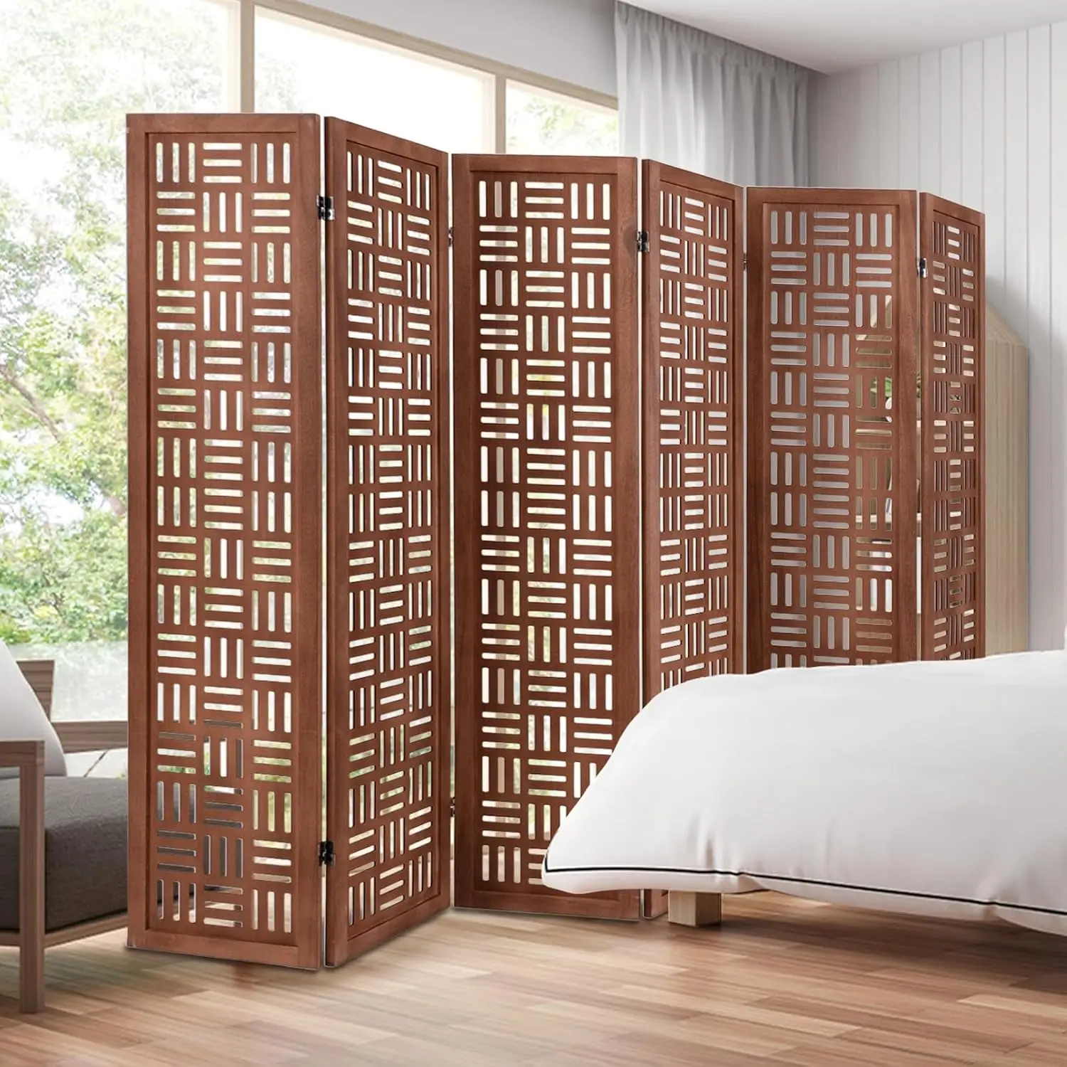 6 Panels Room Divider - Folding Room Dividers with Carved Cutout Pattern & Solid Wood Frame, Fully Assembled, Antique Partition