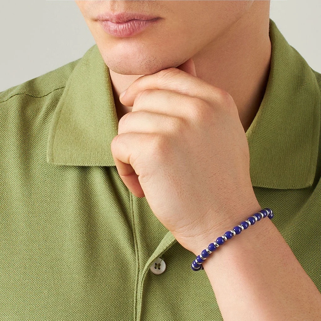 Męska bransoletka z naturalnych kamieni Runda Blue z regulowanym zapięciem ze stali nierdzewnej, modna, ręcznie robiona, 22 cm, dodatek. — zdjęcie 2