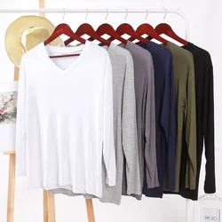 New Spring And Summer Men's T-shirt Modal Solid Color V-neck Long-sleeved Bottoming Shirt Pajamas Simple Home Service Sleep Tops