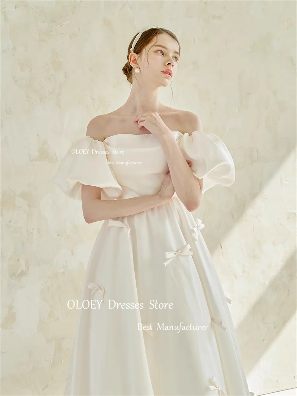 OLOEY Simple Satin Wedding Dresses With Cape Sleeves Korea Photoshoot Ankle Length Bridal Gown Vestido De Noiva Bows Custom Made