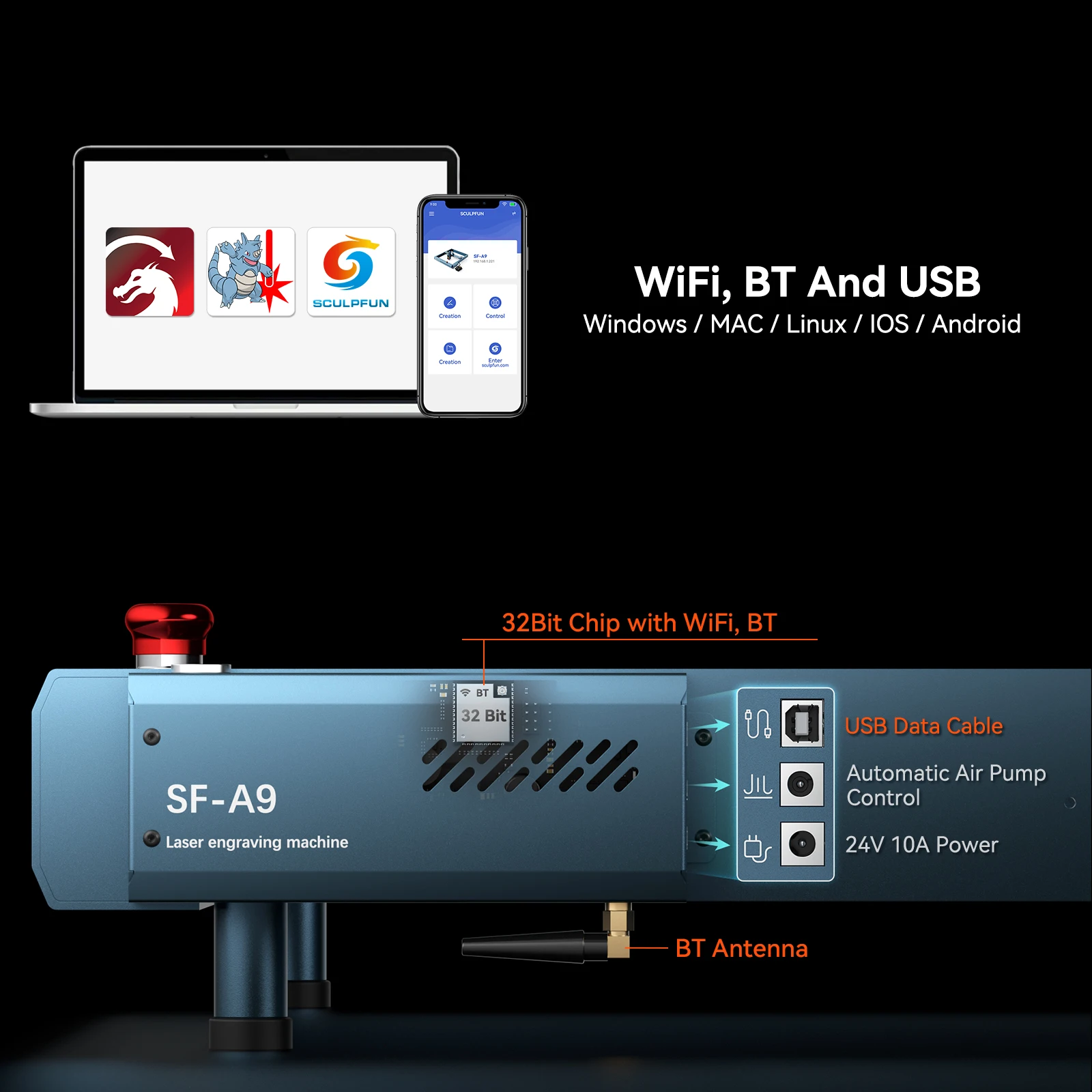 SCULPFUN SF-A9 40W High Speed Desktop Diode Laser Engraver Automatic Metal Laser Engraving Machines with Air Assist