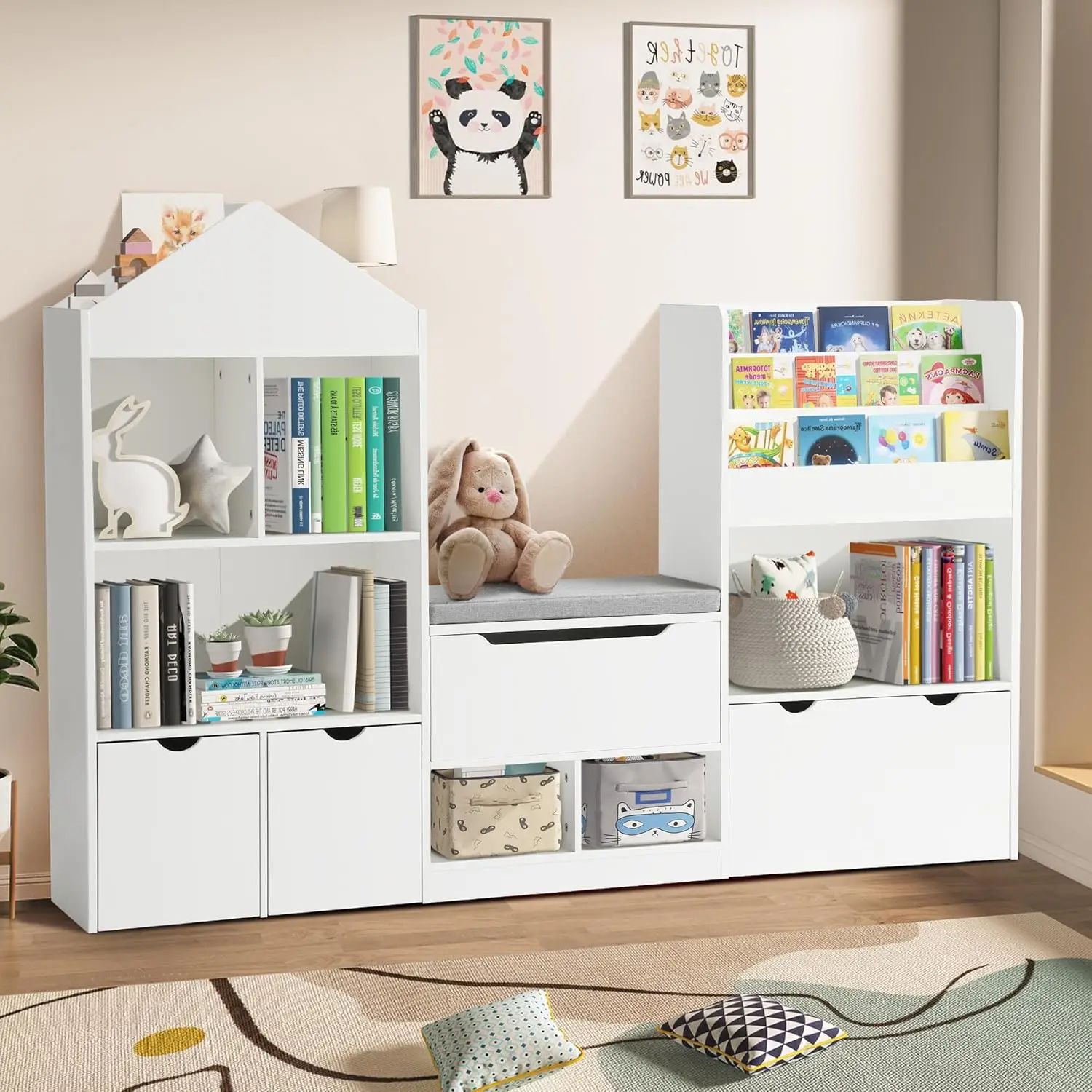 

72 Kids Castle Bookshelf with Reading Nook, Large Toy Storage Organizer with Seat Cushion, 3+1 Movable Drawers, Kids Bookshelf a